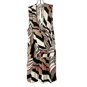 Trina Turk Beige Black White Stripe Midi Dress with Orange Accents